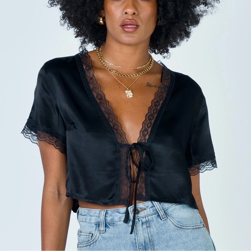 Princess Polly Black Lace Satin Blouse Vintage Tie Up Blouse US4 AU8 NWT